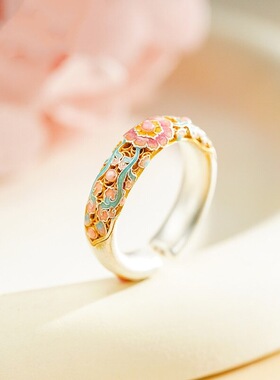 足银9999描金珐琅新中式宫廷海棠花戒指国潮风开口轻奢小众指