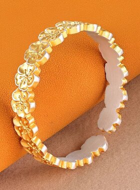 桃花朵朵描金梅花足银9999实心开口樱花银手镯送女友国风气质银镯