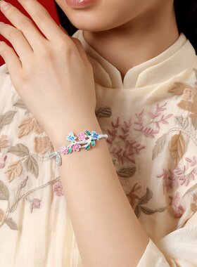 珐琅彩繁花纯银9999手镯女民族风新中式蝴蝶福字竹节实心足银镯子