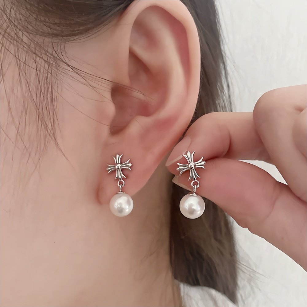天然淡水珍珠强光圆珠耳钉经典简约纯银耳饰时尚十字架明星款耳环,淘宝优惠券,粉丝福利购,淘宝优惠卷