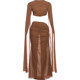 KLIOU hot girl resort style retro caramel brown long-sleeved T-shirt pleated slimming high-waisted skirt two-piece trendy set