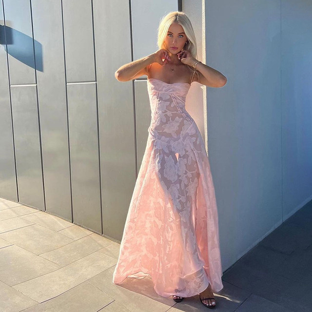KLIOU French romantic atmosphere sweet pink suspender dress feminine retro slim slim long skirt trendy