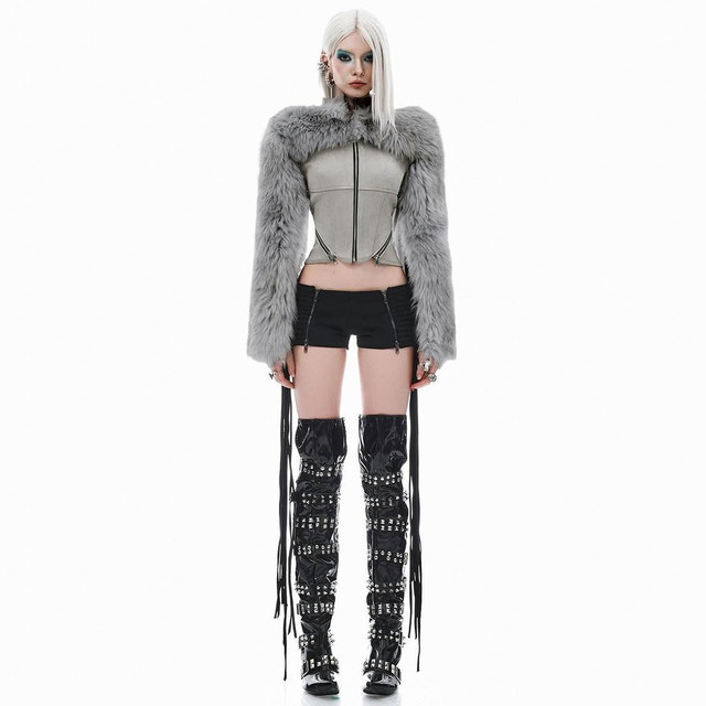 KLIOU fashionable futuristic gray street-style plush patchwork zipper jacket for women slimming high waist versatile short top