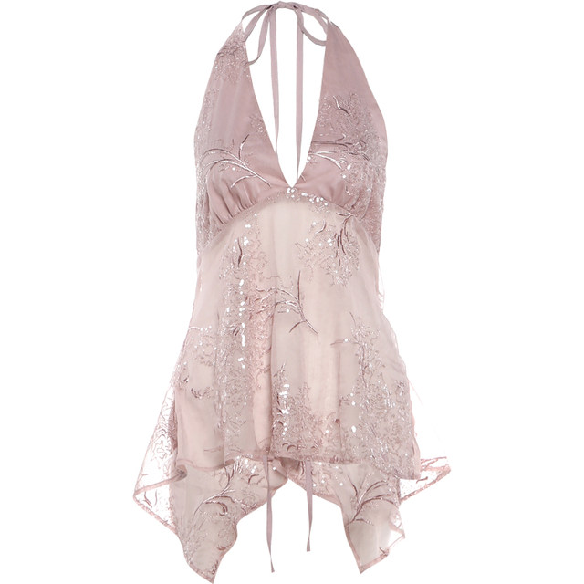 KLIOU Gentle and sweet girl light pink sequin stitching V-neck halter top for women slightly see-through slimming irregular top