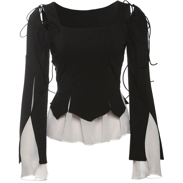 KLIOU fashion ins black and white contrast stitching hollow lace long-sleeved T-shirt women's design niche slimming top