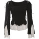 KLIOU fashion ins black and white contrast stitching hollow lace long-sleeved T-shirt women's design niche slimming top