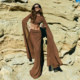 KLIOU hot girl resort style retro caramel brown long-sleeved T-shirt pleated slimming high-waisted skirt two-piece trendy set