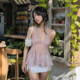 KLIOU Gentle and sweet girl light pink sequin stitching V-neck halter top for women slightly see-through slimming irregular top