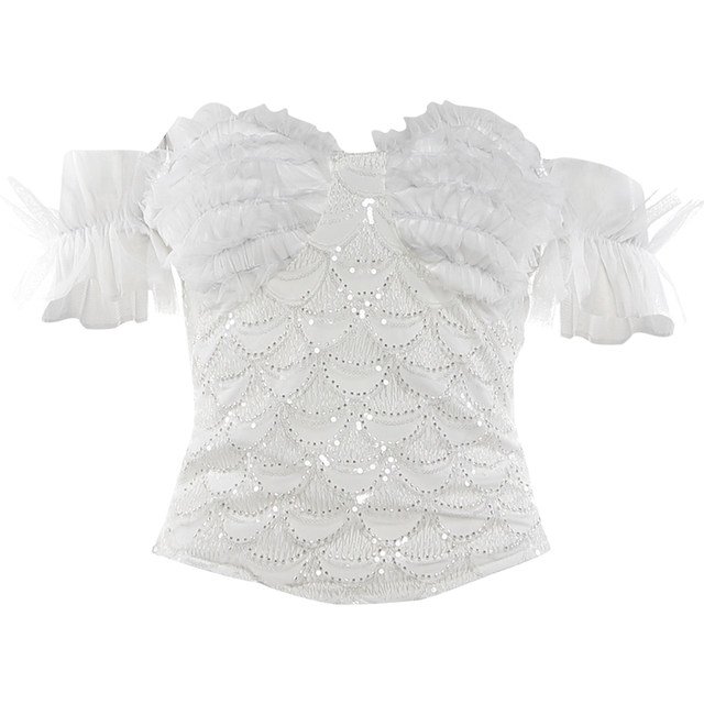 KLIOU pure desire cool atmosphere sequin decorated one-shoulder top layered slimming high-waisted skirt for women