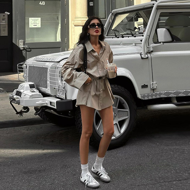 Street fashion lazy khaki shirt dress