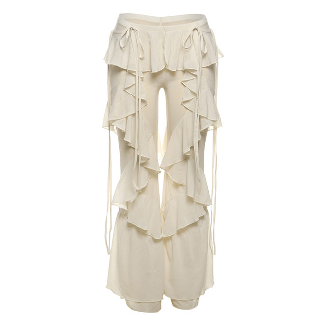 Music festival hottie bi wears ruffled high-waisted casual pants