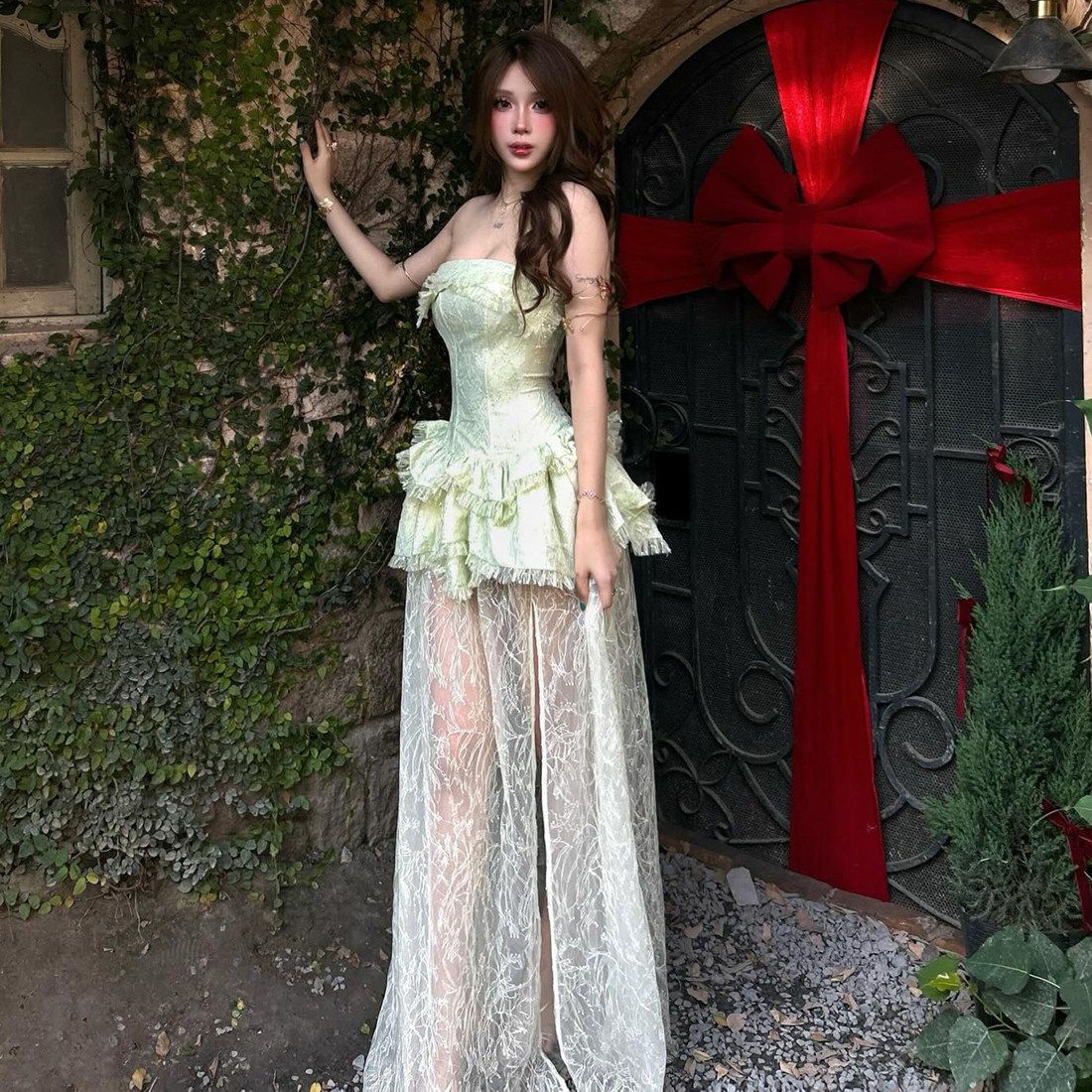 KLIOU 纯欲森系少女感俏皮别致抹胸连衣裙女蕾丝拼接减龄显瘦长裙,淘宝优惠券,粉丝福利购,淘宝优惠卷