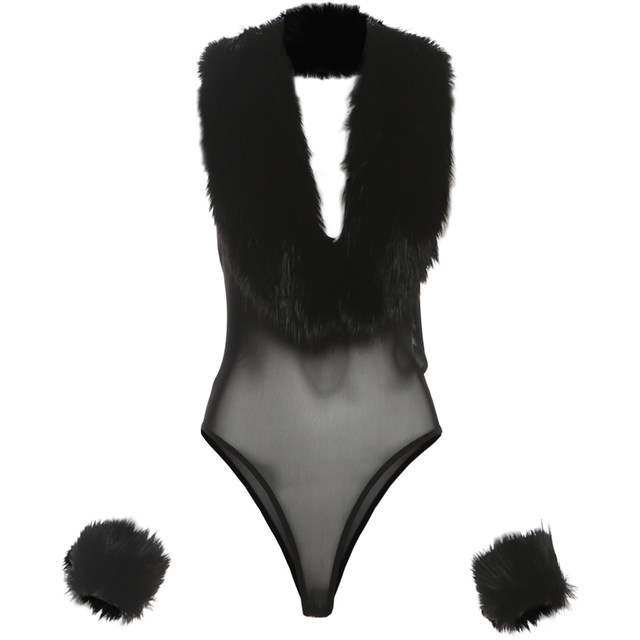 KLIOU Cool and cool sister's personalized black fur stitching see-through sleeveless vest slimming slim and versatile jumpsuit
