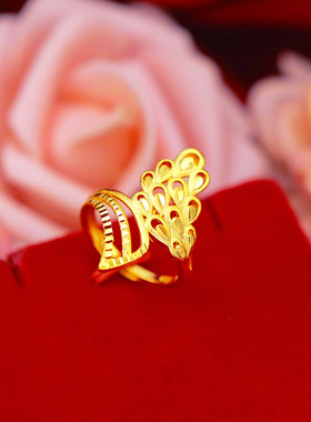18K黄金色戒指女士 时尚精美999真金色可调节食指百搭