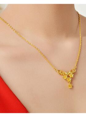 18k黄金色水波纹项链 防过敏花朵爱心999真金色女款金项链