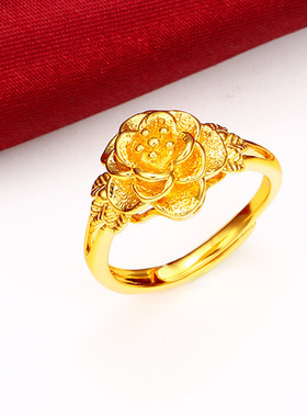 18k黄金色戒指女款花朵999真金色指环女士百搭金戒指