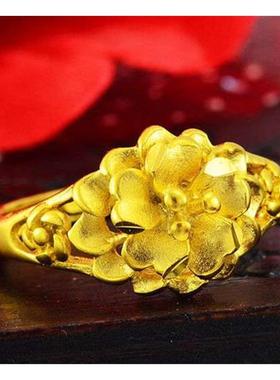 18K黄金色女士戒指 富贵花开999真金色花朵开口可调节金戒指