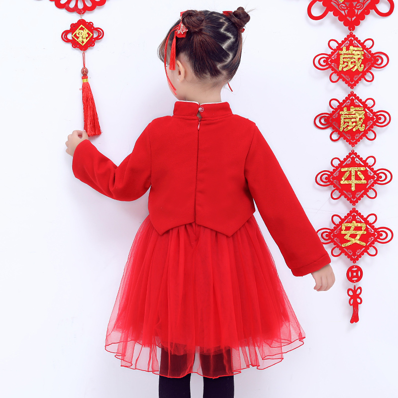 女童旗袍连衣裙秋冬中国风拜年服加绒加厚红色连衣裙中小童演出服