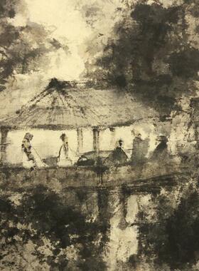 近代傅抱石山亭雅集图写意泼墨山水人物立X轴国画微喷复制装饰画