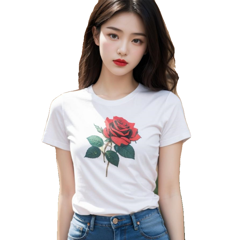 【现货】白色玫瑰印花短袖t恤女2024新款法式设计绝美修身正肩上 - 图3