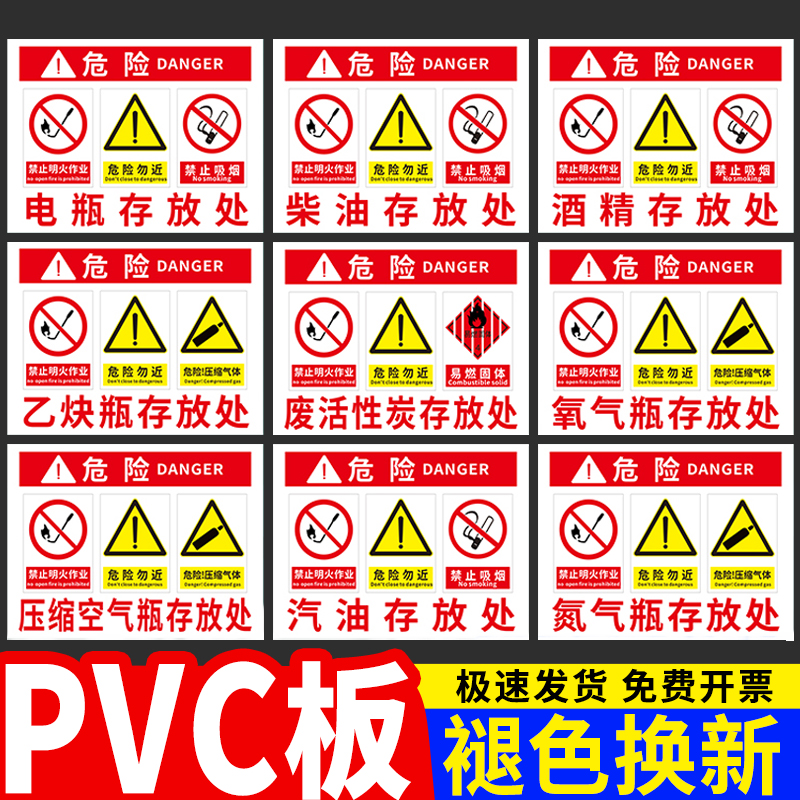 危化品标识牌贴仓库安全标签气瓶存放处乙炔氮气氧气氩气氢气罐气体危险化学品油漆废机油柴汽油警告提示标牌-图0