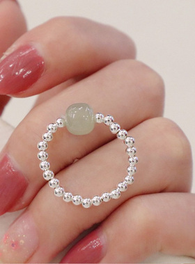 s925纯银松紧绳和田玉银珠子戒指