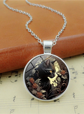 黑猫图案时光宝石吊坠项链女百搭欧美配饰复古毛衣链饰品