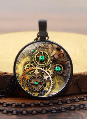 机械表齿轮图案时光宝石吊坠项链女百搭欧美复古毛衣链饰品