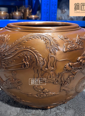 紫铜龙凤缸摆件铜缸聚宝盆画卷收纳缸办公室入户玄关中式饰品