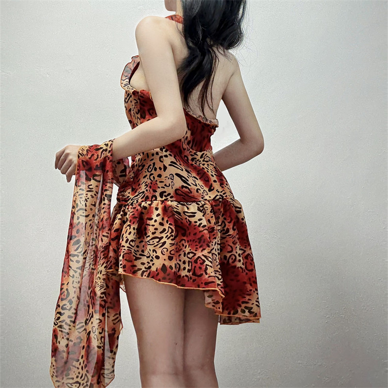 shemoda豹纹烈焰印花网纱拼接V领挂脖连衣裙女拉链修身飘带雪纺裙,淘宝优惠券,粉丝福利购,淘宝优惠卷