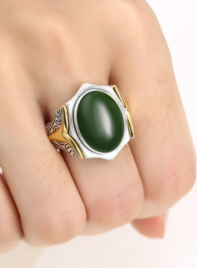 男士纯银椭圆镶嵌蜜蜡绿松石戒托
