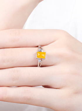 镶钻霸气风蜜蜡绿松石方形银戒指