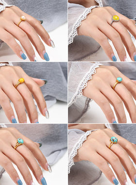 纯银戒指空托蜜蜡翡翠珍珠戒托女