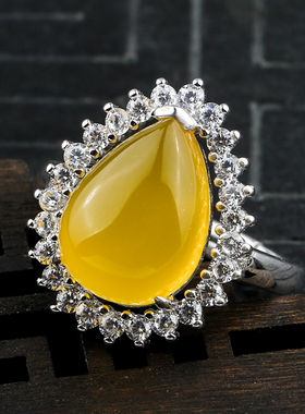 戒指空托水滴形微镶DIY琥珀