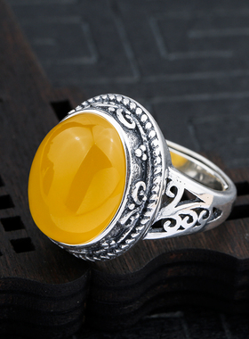 纯银复古做旧蜜蜡琥珀戒指空托