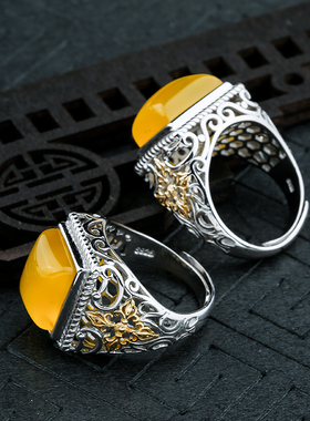 925银戒指空托网底方蜜蜡