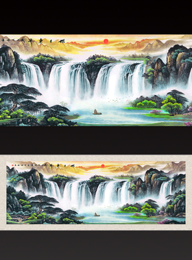 国画旭日东升山水画风水靠山招财壁画沙发背景挂画客厅丝绸画卷轴