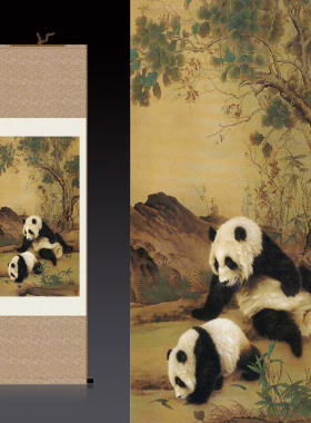 竹子熊猫特色工艺礼品包邮丝绸画