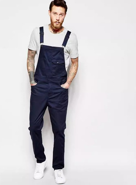 Men's white slim fit denim overalls jumpsuit男牛仔白色背带裤