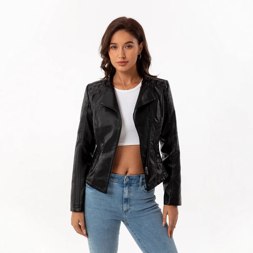 Women's zipper short leather jacket女装拉链短款皮衣 - 图0