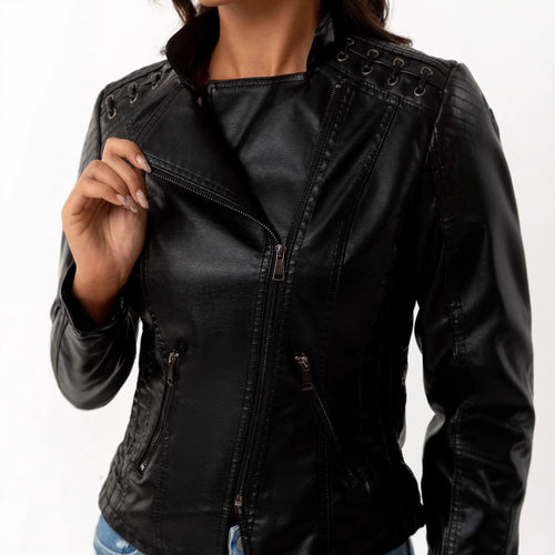Women's zipper short leather jacket女装拉链短款皮衣 - 图1