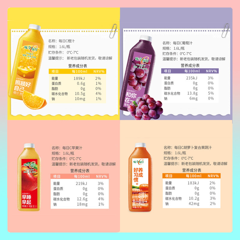 味全每日c纯水果汁100 鲜橙汁饮料混合压缩饮品整箱大瓶装1600ml 泰氏食品 淘优券