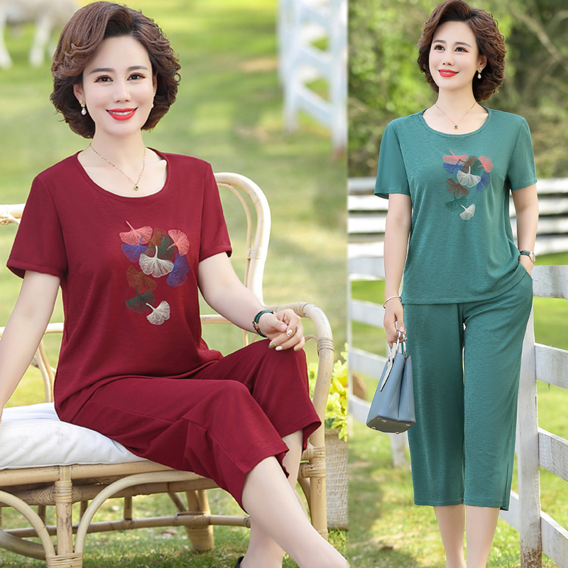 喜彭服饰旗舰店妈妈装夏装短袖时尚运动套装中老年女装休闲装t恤气质洋气两件套1