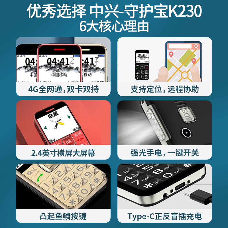 中兴老人机官方旗舰店正品守护宝K580超长待机大屏大字大声大音量定位4g全网通电信智能按键学生老年专用手机