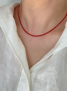 本命年气质正红小众百搭仿水晶串珠锁骨链s925纯银个性叠戴项链女