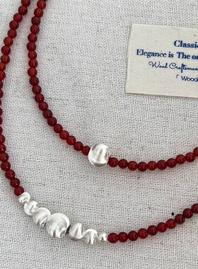 红色玛瑙银球项链S925纯银女