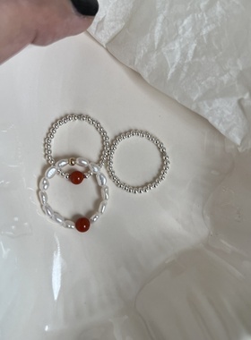 戒指食指戒s925纯银南红珍珠银豆