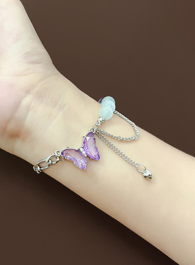 韩版时尚潮款手作手作紫色蝴蝶珍珠链条手链唯美小清新个性手环女