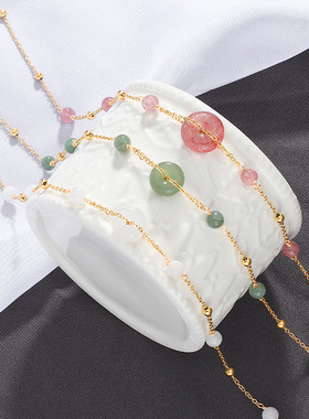 巴度天然水晶项链草莓晶青玉白玉平安扣项链保色电镀拼接项链