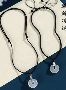 999银貔貅黑玛瑙六字箴言串珠项链女白玛瑙平安扣吊坠中国风项饰